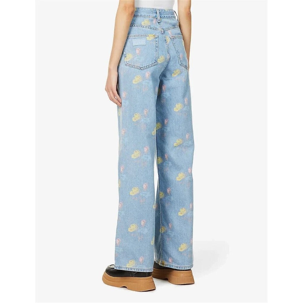 GANNI Floral Print Denim Core Magny Wide Straight Jeans Bleach Light Blue 25 - Picture 3 of 15